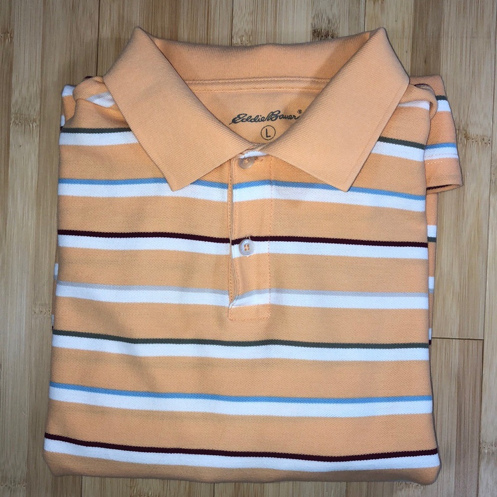 Eddie Bauer Polo Shirt Orange Striped Size Large - Picture 2 of 6